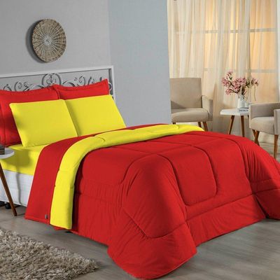 Edredom Queen Nobre 1 Peça Dupla Face 2,20m X 2,40m Malha 100% Algodão - Vermelho / Amarelo