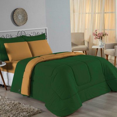 Edredom Queen Nobre 1 Peça Dupla Face 2,20m X 2,40m Malha 100% Algodão - Verde-bandeira / Cobre