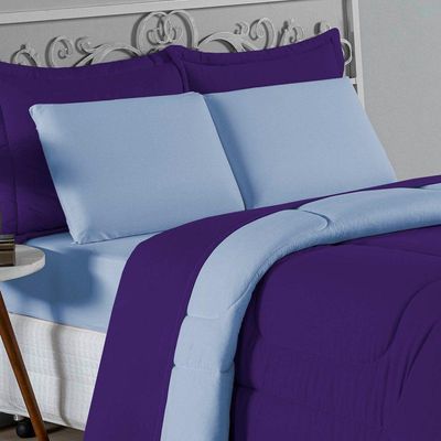 Edredom Queen Nobre 1 Peça Dupla Face 2,20m X 2,40m Malha 100% Algodão - Roxo / Azul-bebê
