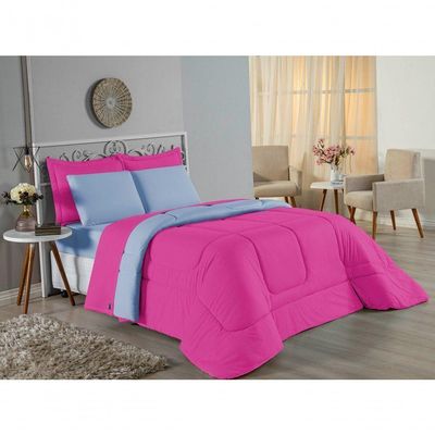 Edredom Queen Nobre 1 Peça Dupla Face 2,20m X 2,40m Malha 100% Algodão - Pink / Azul-bebê