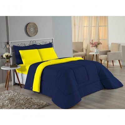 Edredom Queen Nobre 1 Peça Dupla Face 2,20m X 2,40m Malha 100% Algodão - Azul-marinho / Amarelo
