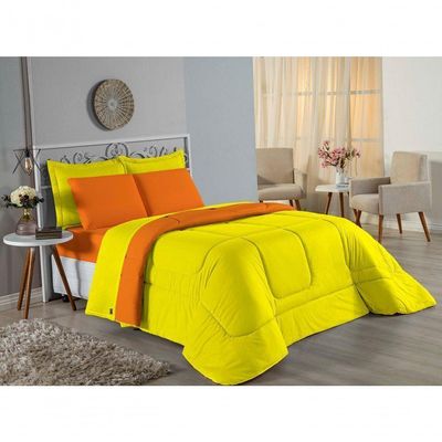 Edredom Queen Nobre 1 Peça Dupla Face 2,20m X 2,40m Malha 100% Algodão - Amarelo / Laranja