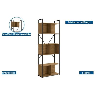 Estante Livreiro Casal Industrial LI014 c/ 6 Nichos 72cm Canela/Preto - Kappesberg