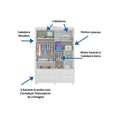 Guarda Roupa 4 Portas c/ (2 Cristal) e 4 Gavetas Êlo Branco/Amendoa - Peroba