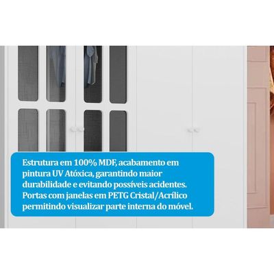Guarda Roupa 4 Portas c/ (2 Cristal) e 4 Gavetas Êlo Branco/Amendoa - Peroba