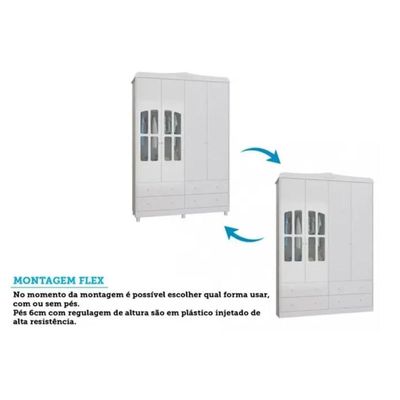 Guarda Roupa 4 Portas c/ (2 Cristal) e 4 Gavetas Êlo Branco/Amendoa - Peroba