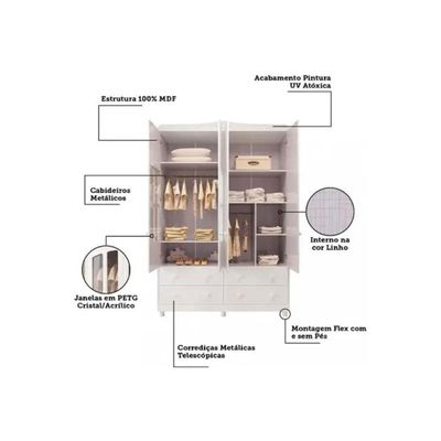 Guarda Roupa Bebê c/ 4 Portas (2 Cristal) e 4 Gavetas Êlo Branco/Amendoa - Peroba