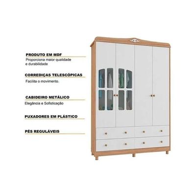 Guarda Roupa Bebê c/ 4 Portas (2 Cristal) e 4 Gavetas Êlo Branco/Amendoa - Peroba