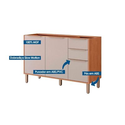 Balcão Cozinha Modulado Celeste c/ 3 Portas e 2 Gavetas s/Tampo 120cm Cinamomo/Platina MGM