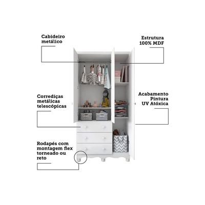 Guarda Roupa 3 Portas c/ e 3 Gavetas Júnior Branco/Amendoa - Peroba