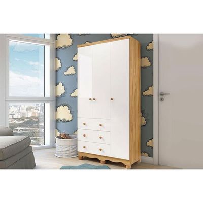 Guarda Roupa 3 Portas c/ e 3 Gavetas Júnior Branco/Amendoa - Peroba