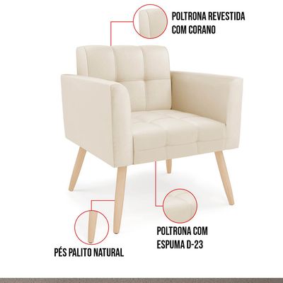 Poltrona Sala Decorativa Kit 2 Elisa Pé Palito Natural Sintético PU Bege D03 - D'Rossi