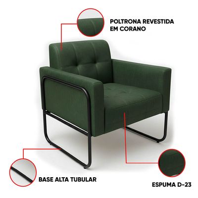 Poltrona Sala Decorativa Kit 2 Elisa Base Tubular Alta Preta Sintético PU Verde D03 - D'Rossi