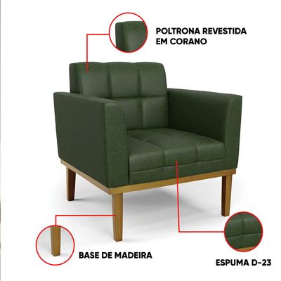 Poltrona Sala Decorativa Kit 2 Elisa Base Madeira Castanho Sintético PU Verde D03 - D'Rossi