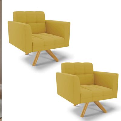 Poltrona Sala Decorativa Kit 2 Elisa Giratória Castanho MA30 Veludo Mostarda D03 - D'Rossi