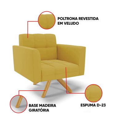 Poltrona Sala Decorativa Kit 2 Elisa Giratória Castanho MA30 Veludo Mostarda D03 - D'Rossi