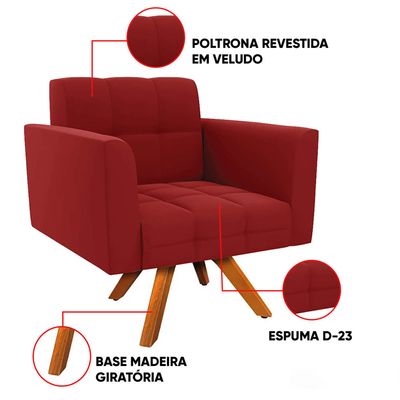 Poltrona Sala Decorativa Kit 2 Elisa Giratória Castanho MM30 Veludo Marsala D03 - D'Rossi