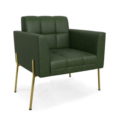 Poltrona Sala Decorativa Kit 2 Elisa Pé Aço Lateral Dourado Sintético PU Verde D03 - D'Rossi