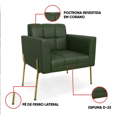 Poltrona Sala Decorativa Kit 2 Elisa Pé Aço Lateral Dourado Sintético PU Verde D03 - D'Rossi