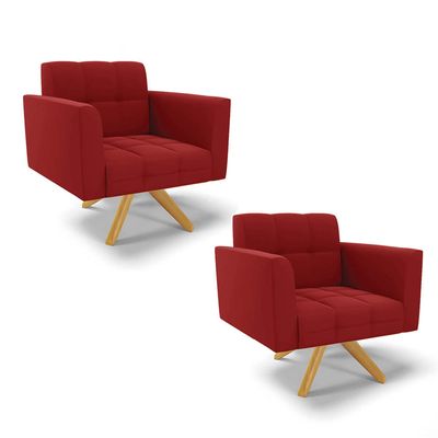 Poltrona Sala Decorativa Kit 2 Elisa Giratória Castanho MA30 Veludo Marsala D03 - D'Rossi