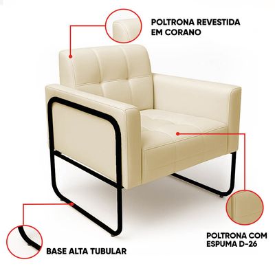Poltrona Sala Decorativa Elisa Base Tubular Alta Preta Sintético PU Bege D03 - D'Rossi