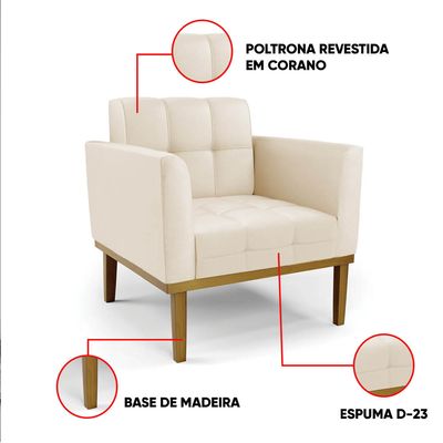Poltrona Sala Decorativa Elisa Base Madeira Fixa Castanho Sintético PU Bege D03 - D'Rossi