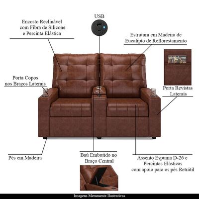 Poltrona do Papai Reclinável Cinema 2 Lugares Manual Baú USB Haifa F05 Facto Marrom B - Lyam Decor