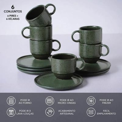 Conjunto de Xícaras de Chá com Pires Porto Brasil Linhas Greenery 230ml - 6 Peças