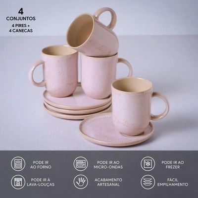 Conjunto de Canecas e Pires Porto Brasil Coup Stoneware Litch Rosa Claro 330ml - 4 Peças