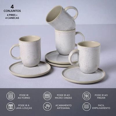 Conjunto de Canecas e Pires Porto Brasil Coup Stoneware Latte Off White 330ml - 4 Peças