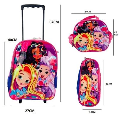 Kit Mochila Infantil Com Rodinhas Princesas Bolsa Escolar Estojo Lancheira Térmica Rosa Impermeavel