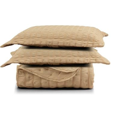 Kit Colcha Cobre Leito Scarpa Plissê l Seersucker 3 Peças Maciez E Leveza Textura  Bege Mel