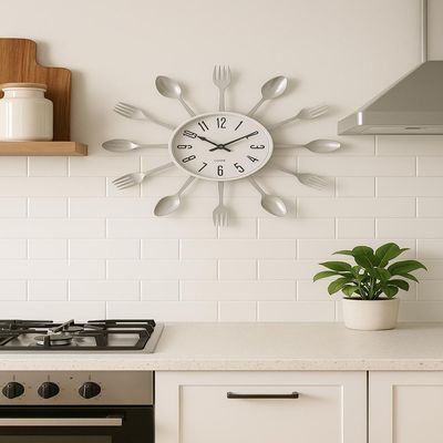 Relógio De Parede Branco Para Cozinha Com Talheres Estilo Retrô Decoração Elegante E Moderna 32 Cm