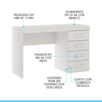 Mesa Escrivaninha Home Office Com 4 Gavetas 120cm Menu Móveis Branco