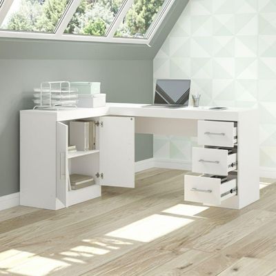 Mesa Escritório De Canto Home Office 2 Portas 3 Gavetas Menu Móveis Branco