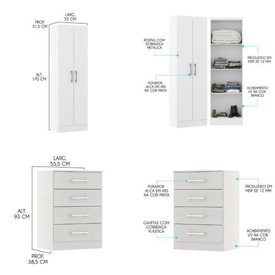 Kit Cômoda E Armário Multiuso 2 Portas 4 Gavetas Menu Móveis Branco