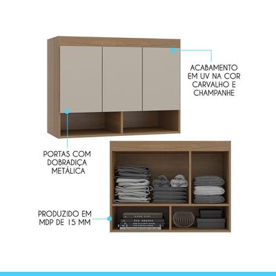Guarda Roupa Modulado Armário Aéreo 3 Portas Selene Menu Móveis Carvalho