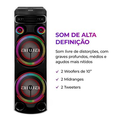 Torre de Som Aiwa T2W-02 com Bluetooth, Iluminação RGB e Entrada USB - 2300W RMS - Bivolt