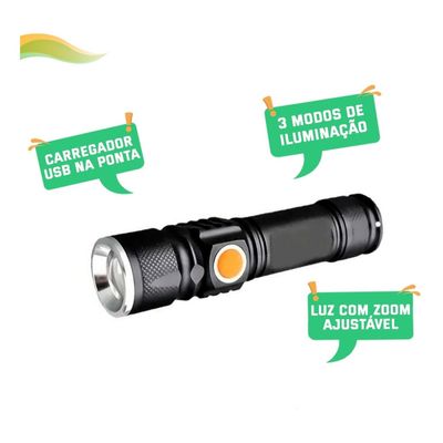 Lanterna Tática com Zoom e Recarga USB - Para Caça, Camping, Pesca e Segurança - 3 Modos de Luz
