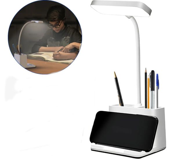 Luminária de Mesa LED Recarregável com Suporte para Celular - 3 Níveis de Luz, Porta Canetas