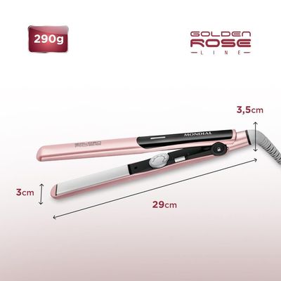Chapinha | Prancha Mondial Golden Rose P20 Cerâmica 220°C com Emissão de Íons e Cabo Giratório Rosa - Bivolt