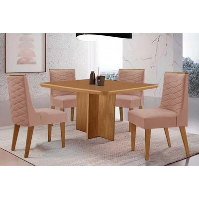 Sala Jantar Mesa Berlim Curvo 90cm + 4 Cadeiras Dafne Naturale - Linho Capuccino - Rufato