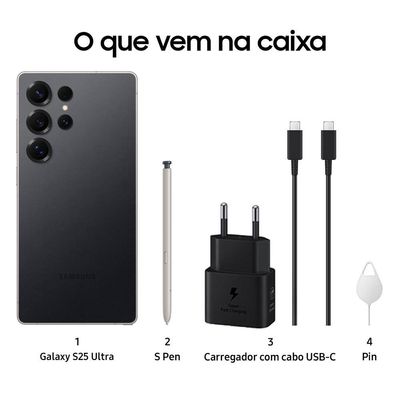 Smartphone Samsung Galaxy S25 Ultra Titânio Preto 256GB, Tela 6.9", 12GB RAM, AI Inteligência Artificial, IP68, S-Pen, Snapdragon 8 Elite e 4 Câmeras