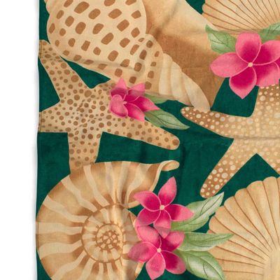 Toalha de Praia KazzaVip Veludo Estampado Reativo 100% Algodão Conchas 76cmx1,52m Resort Verde