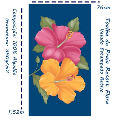 Toalha de Praia KazzaVip Veludo Estampado Reativo 100% Algodão Flora 76cmx1,52m Resort Azul