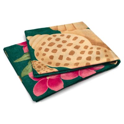 Toalha de Praia KazzaVip Veludo Estampado Reativo 100% Algodão Conchas 76cmx1,52m Resort Verde