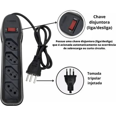 Filtro de Linha 4 Tomadas 3 pinos circuit breaker 1m Preto