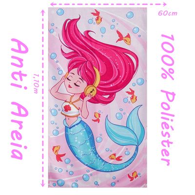 Toalha de Praia KazzaVip Microfibra 100% Poliéster Estampada Anti Areia Mermaid New 60cm x 110m Rosa