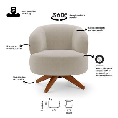 Poltrona Decorativa Orgânica Living Have Base Madeira Giratória Bouclê Bege - Desk Design