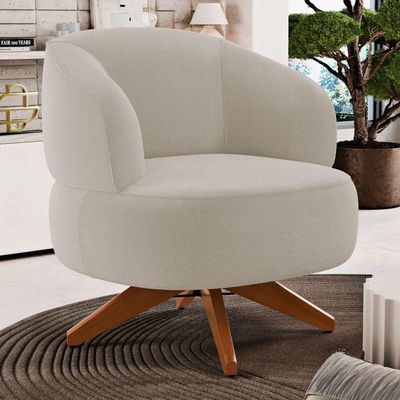 Poltrona Decorativa Orgânica Living Have Base Madeira Giratória Bouclê Bege - Desk Design